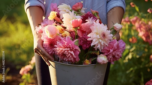 Close up of bucket full of fresh gladiolus and dahlia flowers harvested in summer garden. Senior woman farmer picked blooms grown organically