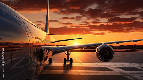 View of the wing and engine of a long-range passenger aircraft, evening airport at sunset