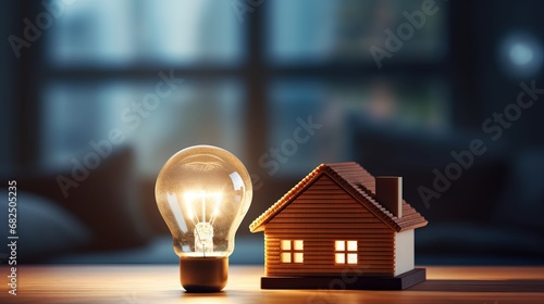 Light bulb and wooden house on the table. Concept of inspiration creative idea thinking and future technology innovation. Power energy sustainable