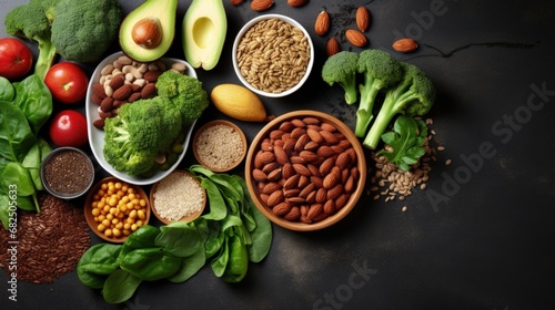 Vegan diet food. Selection of rich fiber sources vegan food. Foods high in plant based protein, vitamins, minerals, anthocyanins, antioxidants. Image with copy space