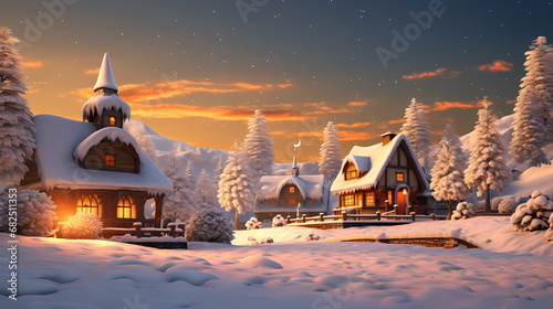 christmas snow village scenes 3d animation hd backgrounds download in hd, in the style of dark bronze and light amber, luminous landscape painting, light orange and light gold