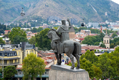 Metekhi Virgin Mary Assumption Church and King Vakhtang Gorgasali equestrian monument in Tbilisi. View of Tbilisi city from the cable car ( Kartlis Deda Mother of Georgia ) 