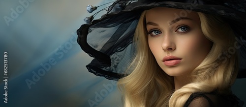 In the vintage portrait, a young woman with lustrous blond hair and captivating blue eyes wears a flowing black dress and a stylish hat adorned with a flower veil, radiating natural beauty with her