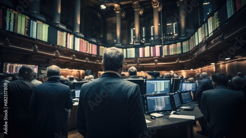 The trading hall of the stock exchange is crowded with traders and investors, paying attention to the dynamics of the stock market.