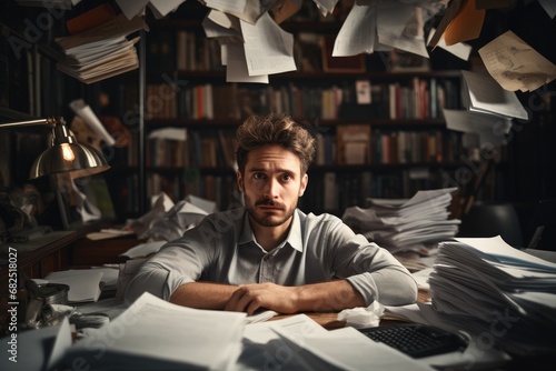 Stressed business owner in workplace, Paper and other stuff with multiple sources of communications coming in, miscommunication, Entangled, Cluttered.