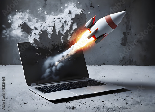 rakete, laptop, explosion, Neustart, modern, beton, 