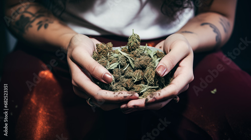 Woman's hands holding marijuana