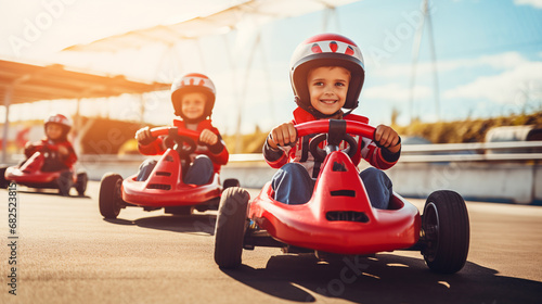 Children racing on kart cars, sunny day. ai generative