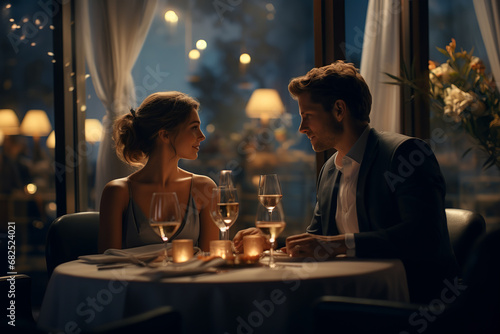 A beautiful couple having a romantic dinner at a luxury restaurant at night