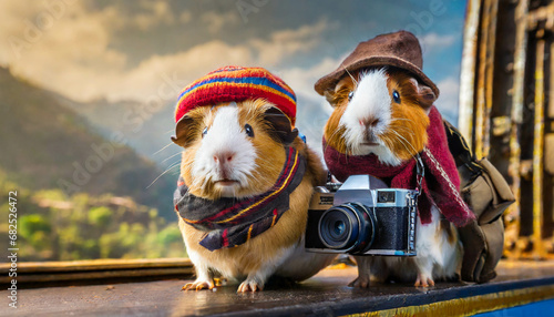 Travel concept. Guinea pig couple waering hat and backpack with camera travel together ,ai generated