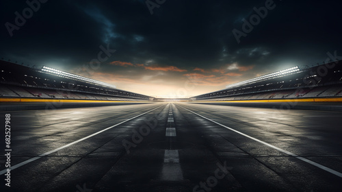 The finish line of an asphalt race track with serpentine roads and illuminated floodlights. ai generative