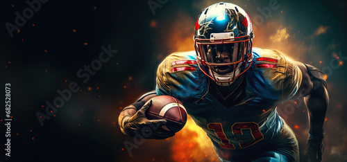 American football player running with the ball in dynamic action. Team spirit, overcoming, equality and tolerance concept in the sport. Copy space for text, banner or design.