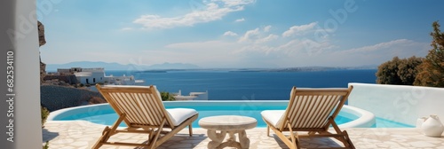 Two deck chairs on the terrace of a luxury villa overlooking the sea. Seashore. Two Beach Chairs on Seashore. Deckchair. Vacation Concept with Copy Space. Mediterranean.