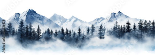 Winter scene with snow-covered mountain tops, cut out