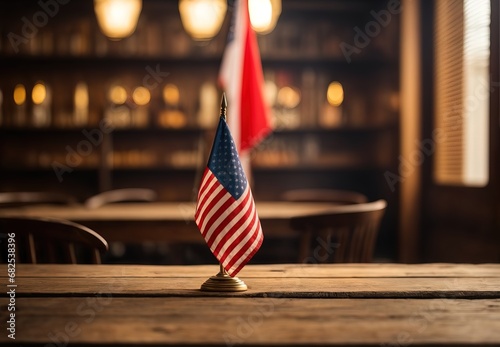 Empty wooden table with usa flag in background