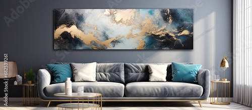 From an observer's perspective, the abstract art piece showcased a mesmerizing blend of bold black and golden hues, creating a textured watercolor effect on the wall, while the light reflected off the