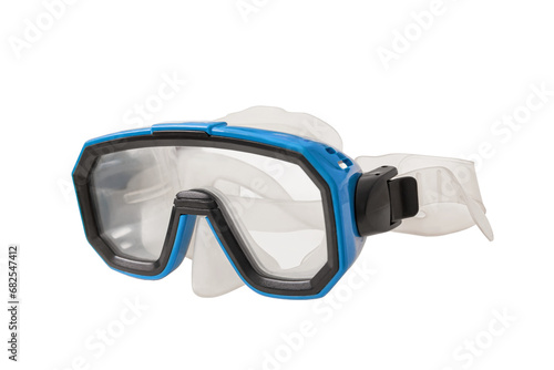A pair of blue diving goggles, snorkeling mask perspective with transparent background