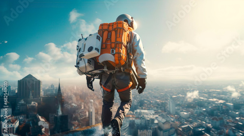 Jet pack man courier messenger is ready to fly. Delivering online orders, purchases, goods, packages in the city. Male guy wears jet suit and safety helmet works in the express flying shipping