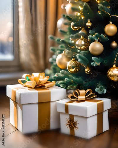 Tło świąteczne, prezenty, Boże Narodzenie, złoty efekt bokeh
