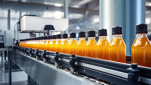 Automatic line for packing juice, nectarine, honey, butter, syrup or smoothies into glass or plastic containers. Bottling plant. Bottles on a factory conveyor. Illustration for cover or presentation.