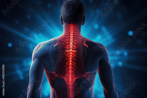 an illuminated backbone on a young man using technology to detect injury in the skeletal muscular health-themed, horizontal format of realistic illustration in JPG. Generative ai