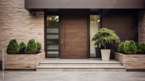 Modern main entrance wooden door, plants on the floor, stone wall, generative AI.