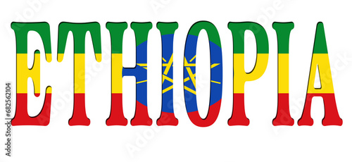 3d design illustration of the name of Ethiopia. Filling letters with the flag of Ethiopia. Transparent background.
