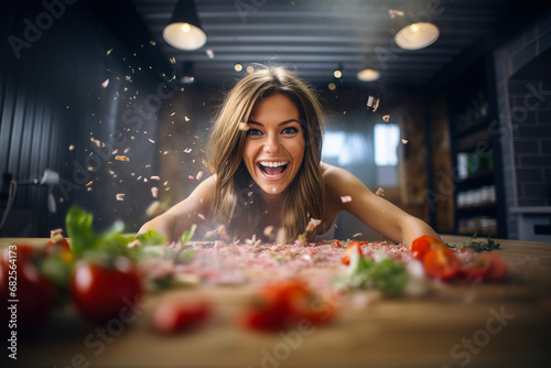 A woman laughs, looking into the frame, leaning over a kitchen table with scattered food, individual pieces of food flying around.
