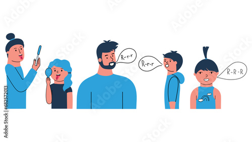 The speech therapist teaches the child language skills, articulation. A set of people, a man speaks to a boy, a woman shows a girl how to pronounce words. Vector hand drawn illustration