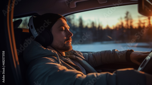 Irresponsible reckless driver in headphones fell asleep behind the wheel