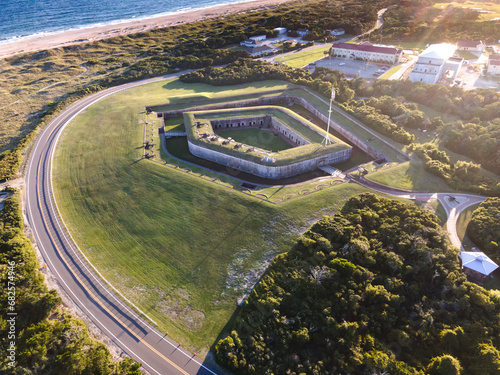 National Park in North Carolina. Fort Macon at sunset. View from drone.
