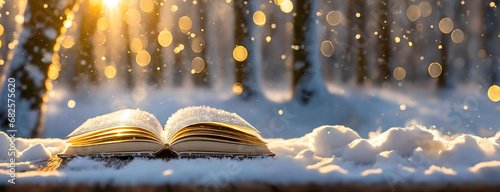 Magical glow open book background. Christmas fairy-tale on winter holidays and snowy forest. Paper pages.