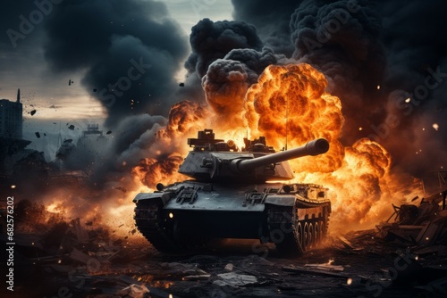 Tank in the fire of war. Background with selective focus and copy space