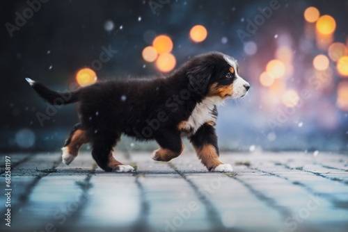 Running bernese mountain dog puppy in snow