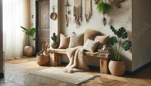 Boho interior design of a modern entrance hall with a natural wood rustic bench, beige pillows, and a fur blanket