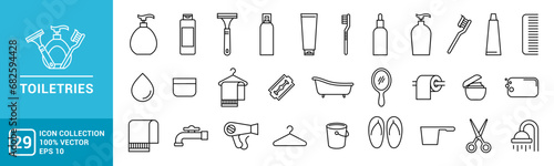 Collection of toiletries icon, toothbrush, toothpaste, shampoo, conditioner, cream, editable and resizable EPS 10