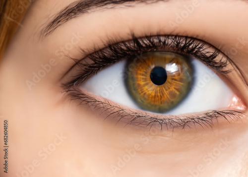 美しい白人女性のブラウンの瞳、虹彩、目のマクロ撮影 クローズアップ AI生成画像