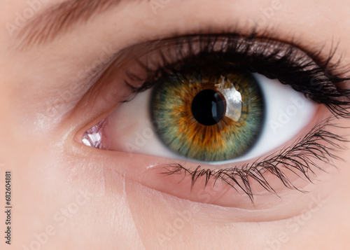 美しい白人女性のグリーンの瞳、虹彩、目のマクロ撮影 クローズアップ AI生成画像
