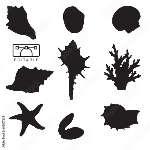 set of sea shells vector silhouette, shell, Neptunea, Coral, BEIGE shell