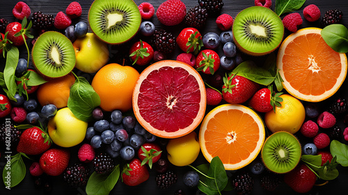 healthy mixed fresh fruit and ingredients from top view