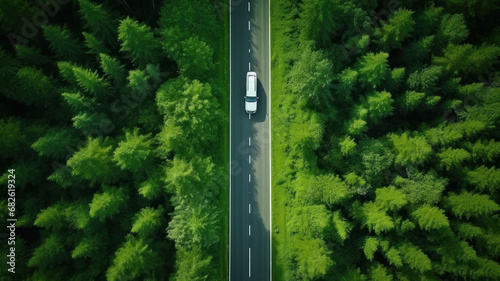 Top view Road through the green forest, Aerial view car truck drive going through forest Texture of forest view from above, Ecosystem and healthy environment