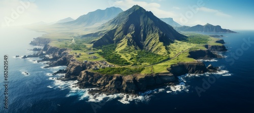 Mountain island and ocean cliff. Generative AI technology.