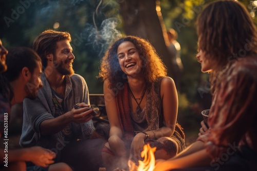 Group of friends having a barbecue party on a summer day, sitting around a bonfire, A happy group of friends enjoying time together outdoors, AI Generated