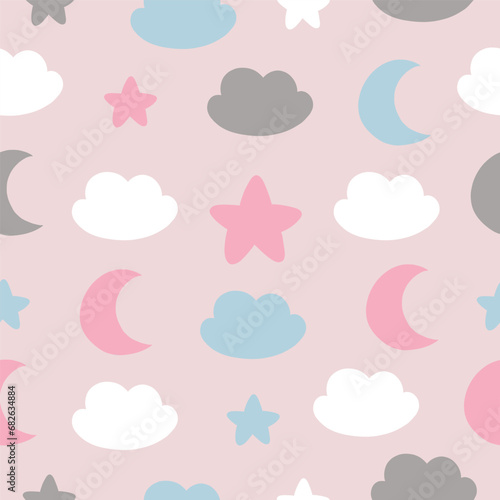 Seamless pattern with cute cloud, moon, star for your fabric, children textile, apparel, nursery decoration, gift wrap paper, baby's shirt. Vector illustration