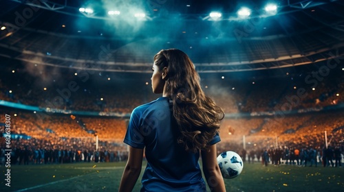 spirited female soccer player with ball amidst vibrant night stadium crowd