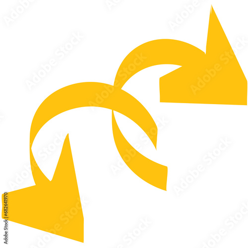 Digital png illustration of two yellow curved down arrows on transparent background