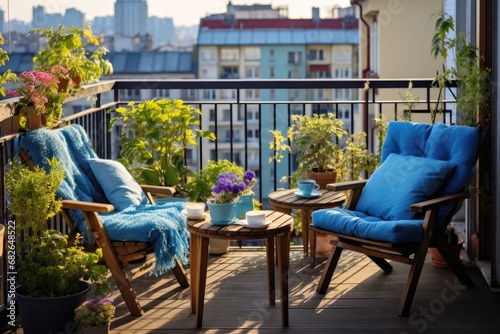 Beautiful balcony with comfortable chairs, wooden table and many potted flowers plants. Generative AI