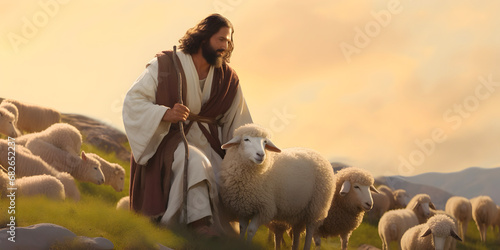 Jesus Christ, the good shepherd and sheep at green hill. AI generative