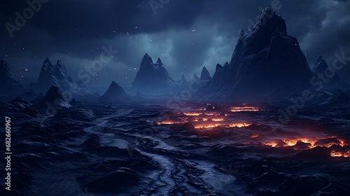a video game showing a rocky landscape with a body of water and mountains