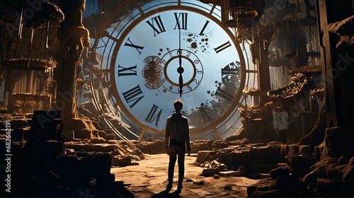 a man standing in a room with a large clock